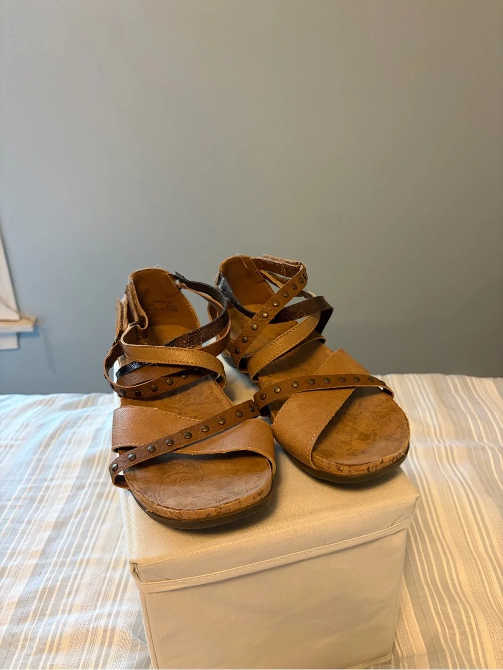 BearPaw Tan Strappy Studded Wedge Sandals